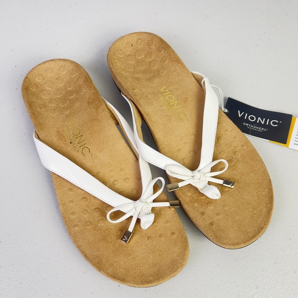 Vionic Shoes Womens Size 9 White Thong Wedge Sandals Orthaheel Comfort Flip Flop